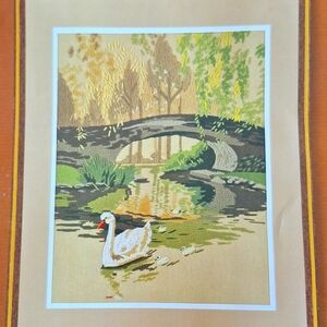 Sunset stitchery "A time to Reflect" 14x18" Crewel kit with swan and bridge